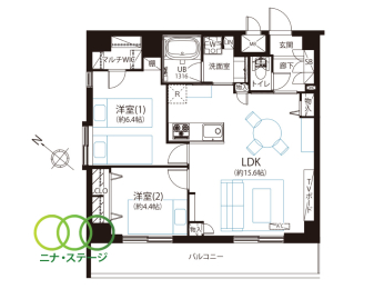  2LDK�A��L�ʐ�61.46�u�A�o���R�j�[�ʐ�10.72�u 