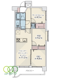  2LDK+S�i�[�ˁj�A���i4198���~�A��L�ʐ�56.26�u�A�o���R�j�[�ʐ�6.9�u 