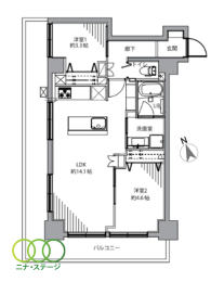  2LDK�A��L�ʐ�53.73�u�A�o���R�j�[�ʐ�16.5�u 
