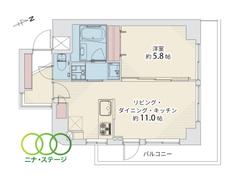  1LDK�A��L�ʐ�40.73�u�A�o���R�j�[�ʐ�9.99�u 