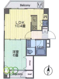  1LDK�A��L�ʐ�37.08�u�A�o���R�j�[�ʐ�6.55�u 
