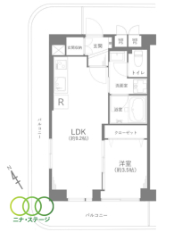  1LDK�A��L�ʐ�35.8�u�A�o���R�j�[�ʐ�17.55�u 