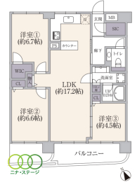  3LDK�A��L�ʐ�77.96�u�A�o���R�j�[�ʐ�10.93�u 
