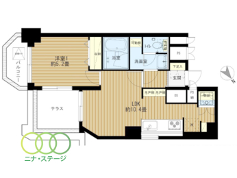  1LDK�A��L�ʐ�38.74�u�A�o���R�j�[�ʐ�3.04�u 