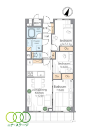  3LDK�A��L�ʐ�61.05�u�A�o���R�j�[�ʐ�6.54�u 