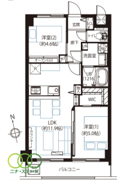  2LDK�A��L�ʐ�49.68�u�A�o���R�j�[�ʐ�5.94�u 
