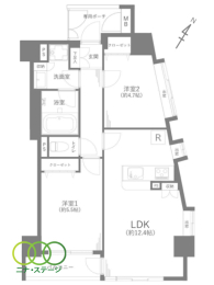  2LDK�A��L�ʐ�54.49�u�A�o���R�j�[�ʐ�3.99�u 