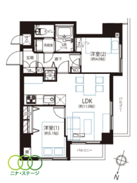  2LDK�A��L�ʐ�47.06�u�A�o���R�j�[�ʐ�8.03�u 