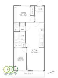  2LDK�A��L�ʐ�46.56�u�A�o���R�j�[�ʐ�6.24�u 