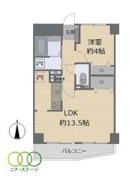  1LDK�A��L�ʐ�42.66�u�A�o���R�j�[�ʐ�5.46�u 