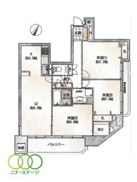  3LDK�A��L�ʐ�74.16�u�A�o���R�j�[�ʐ�6.88�u 