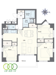  3LDK�A��L�ʐ�63.28�u�A�o���R�j�[�ʐ�8.47�u 