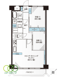  2LDK�A��L�ʐ�53.46�u�A�o���R�j�[�ʐ�6.53�u 
