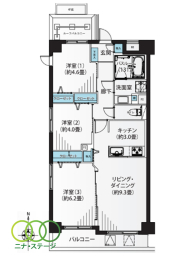  3LDK�A��L�ʐ�61.06�u�A�o���R�j�[�ʐ�6.17�u 