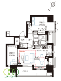  2LDK�A��L�ʐ�53.76�u�A�o���R�j�[�ʐ�9.45�u 