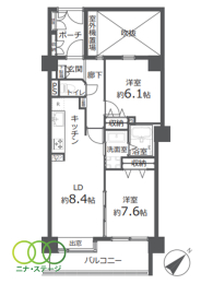  2LDK�A��L�ʐ�56.7�u�A�o���R�j�[�ʐ�7.8�u 