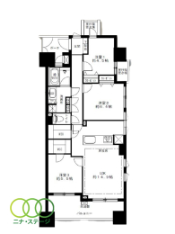  3LDK�A��L�ʐ�74.02�u�A�o���R�j�[�ʐ�10.9�u 