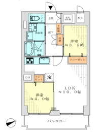  2LDK�A��L�ʐ�44.2�u�A�o���R�j�[�ʐ�6.39�u 