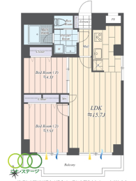  2LDK�A��L�ʐ�55.67�u�A�o���R�j�[�ʐ�8.24�u 