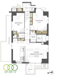 2LDK�A��L�ʐ�56.8�u�A�o���R�j�[�ʐ�4.6�u 
