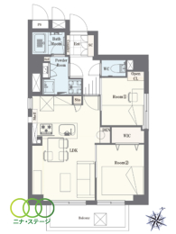  2LDK�A��L�ʐ�46.1�u�A�o���R�j�[�ʐ�5.22�u 