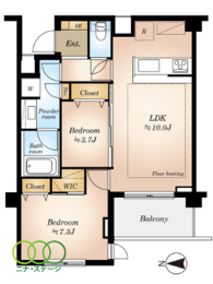  2LDK�A��L�ʐ�53.46�u�A�o���R�j�[�ʐ�5.44�u 