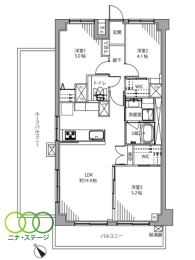  2LDK�A��L�ʐ�52.56�u�A�o���R�j�[�ʐ�6.94�u 