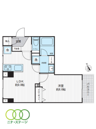  1LDK�A��L�ʐ�39.58�u�A�o���R�j�[�ʐ�2.97�u 