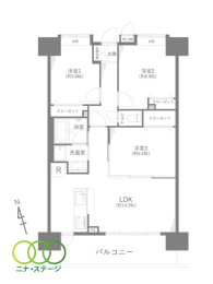  3LDK�A��L�ʐ�65.67�u�A�o���R�j�[�ʐ�10.72�u 