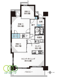 3LDK�A��L�ʐ�63.48�u�A�o���R�j�[�ʐ�12.48�u 