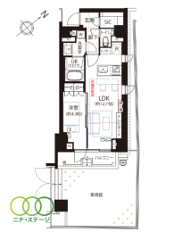 1LDK�A��L�ʐ�43.29�u�A�o���R�j�[�ʐ�5.08�u 