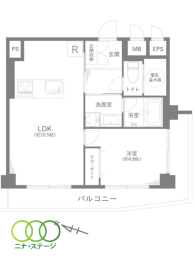  1LDK�A��L�ʐ�37.76�u�A�o���R�j�[�ʐ�8.26�u 