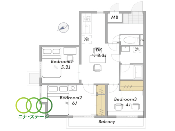  3DK�A��L�ʐ�55.14�u�A�o���R�j�[�ʐ�7.8�u 