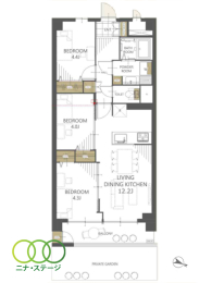  3LDK�A��L�ʐ�58.86�u�A�o���R�j�[�ʐ�6.94�u 