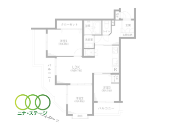  3LDK�A��L�ʐ�57.62�u�A�o���R�j�[�ʐ�14.85�u 