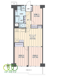  3DK�A��L�ʐ�63.84�u�A�o���R�j�[�ʐ�7.6�u 