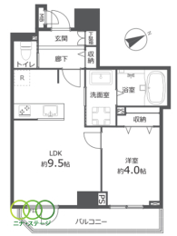  1LDK�A��L�ʐ�33.71�u�A�o���R�j�[�ʐ�4.72�u 