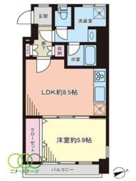 1LDK�A��L�ʐ�40.43�u�A�o���R�j�[�ʐ�3.6�u 