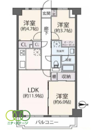  3LDK�A��L�ʐ�61.6�u�A�o���R�j�[�ʐ�6.57�u 