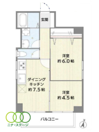  2DK�A��L�ʐ�46.38�u�A�o���R�j�[�ʐ�5.22�u 