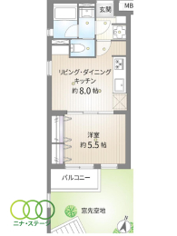 1LDK�A��L�ʐ�33�u�A�o���R�j�[�ʐ�2.53�u 