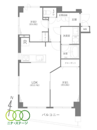  2LDK�A��L�ʐ�50.65�u�A�o���R�j�[�ʐ�6.68�u 