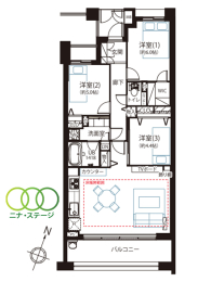  3LDK�A��L�ʐ�72.71�u�A�o���R�j�[�ʐ�9.06�u 