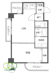  1LDK�A��L�ʐ�34.09�u�A�o���R�j�[�ʐ�7.53�u 