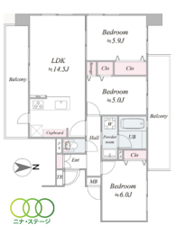  3LDK�A��L�ʐ�68.53�u�A�o���R�j�[�ʐ�18.42�u 