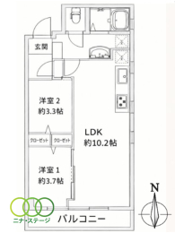  2LDK�A��L�ʐ�45.56�u�A�o���R�j�[�ʐ�5.01�u 