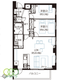  2LDK�A��L�ʐ�69.5�u�A�o���R�j�[�ʐ�8.85�u 
