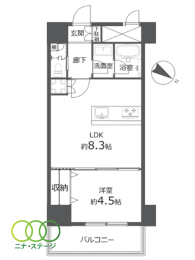  1LDK�A��L�ʐ�34.21�u�A�o���R�j�[�ʐ�4.83�u 